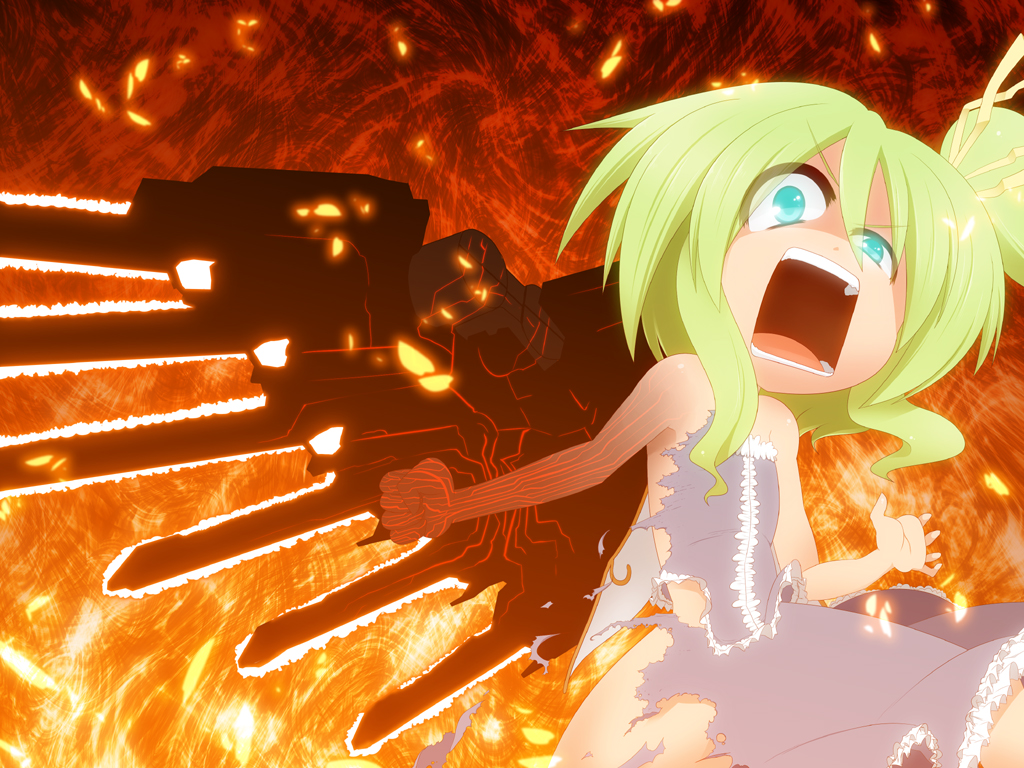 aqua_eyes, armored_core, armored_core_5, bare_shoulders, clenched_hand, crossover, daiyousei, green_hair