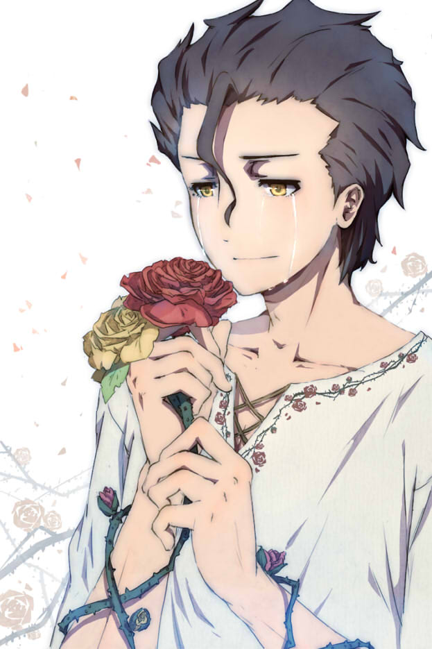 ahoge, bad_id, black_hair, celtic, fate/zero, fate_(series), flower, lancer_(fate/zero)