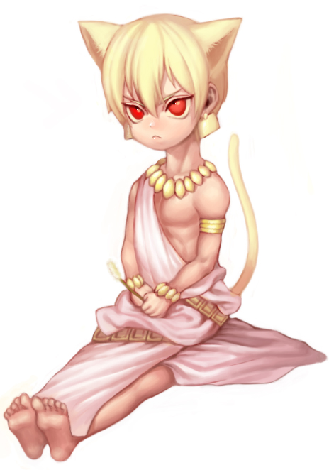 1boy, animal_ears, barefoot, blonde_hair, bracelet, cat_ears, cat_tail, cat_teaser, chibi, earrings, fate/zero, fate_(series), gilgamesh, jewelry, kemonomimi_mode, lastholiday0316, red_eyes, sitting, tail, toga