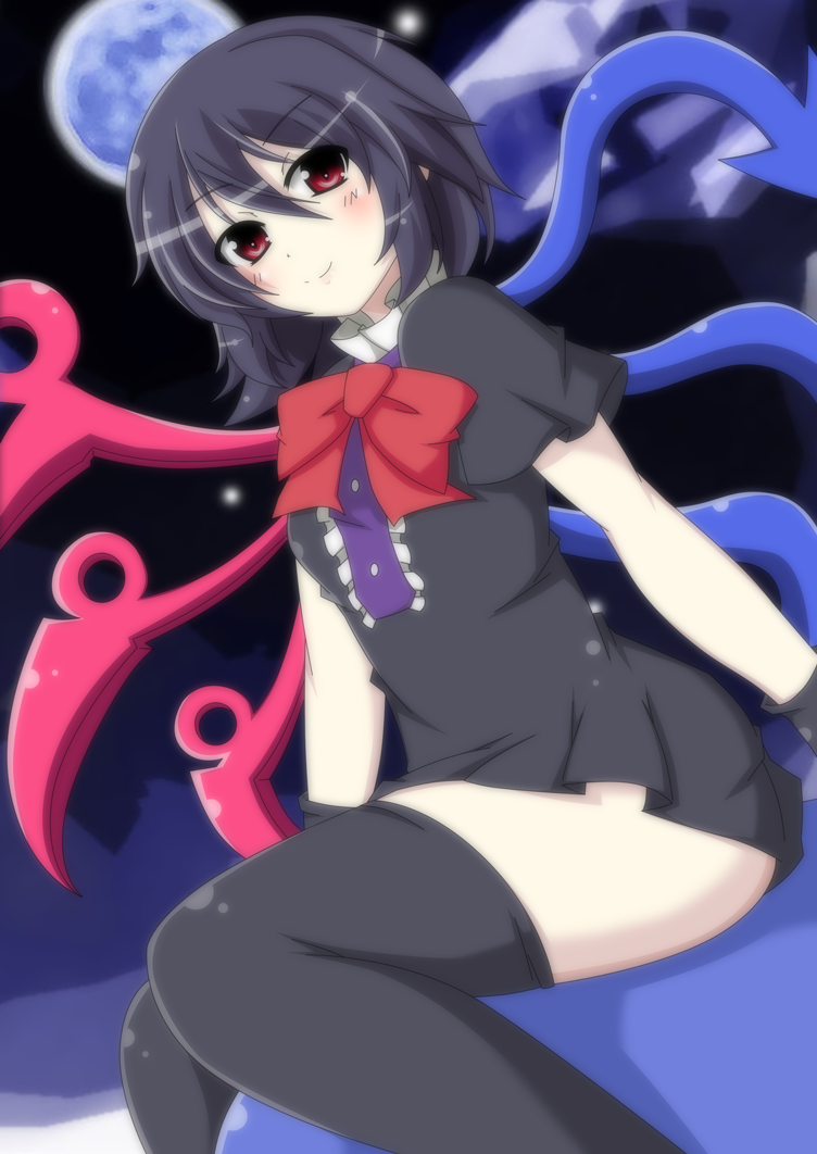 asymmetrical_wings, black_hair, black_legwear, blue_moon, blush, bow, dress, gloves