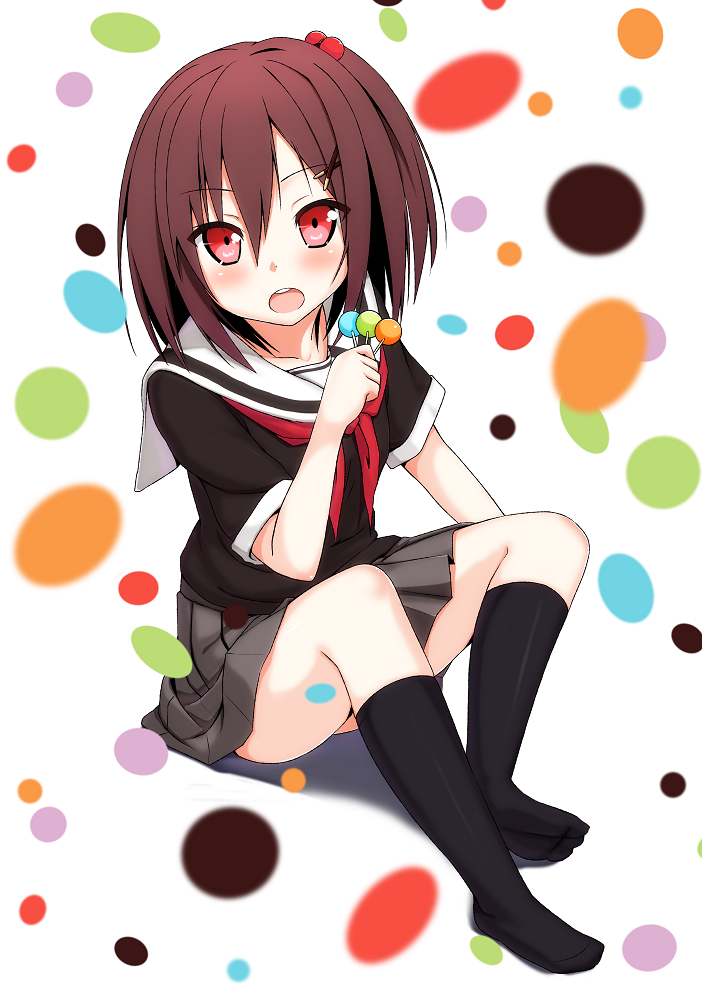 black_legwear, blush, brown_hair, candy, hair_bobbles, hair_ornament, hairclip, lollipop