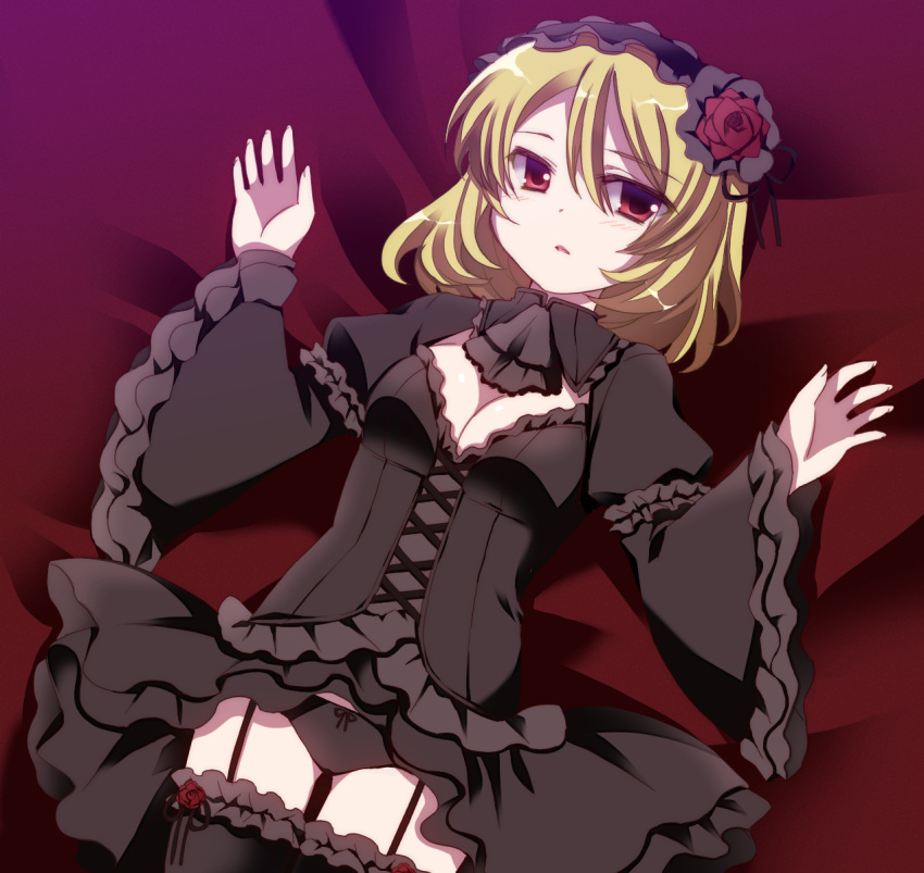 adaajt, black_legwear, black_panties, blonde_hair, breasts, cleavage, flower, frills