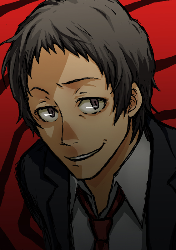 adachi_tooru, black_eyes, black_hair, crazy_smile, evil, formal, grin, looking_at_viewer