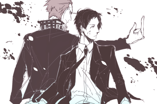 2boys, adachi_tooru, back-to-back, black_hair, blood, d_dat, delinquent, formal