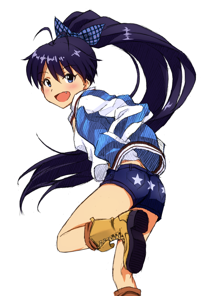 :d, ahoge, black_hair, blue_eyes, blush, bow, denim, denim_shorts