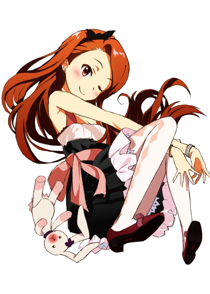 blush, bracelet, brown_hair, convenient_censoring, convenient_leg, dress, hairband, idolmaster