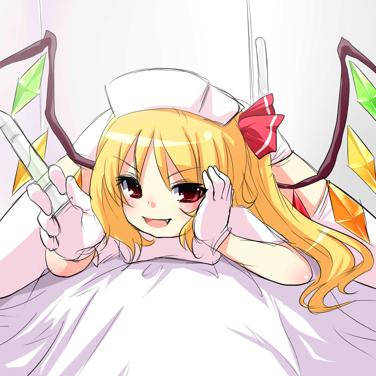 blonde_hair, blush, cosplay, fang, flandre_scarlet, girl_on_top, gloves, hair_ribbon