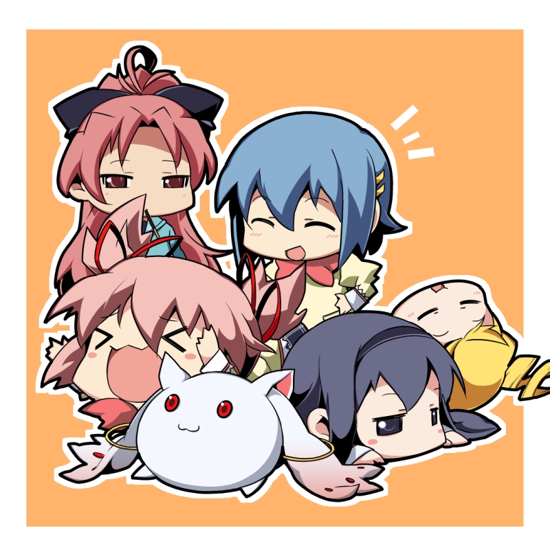 >_<, :3, :d, ^_^, ahoge, akemi_homura, black_eyes, black_hair, blonde_hair, blue_hair, blush_stickers, chibi, closed_eyes, drill_hair, eyes_closed, hair_ornament, hair_ribbon, hairband, hairclip, hand_on_hip, hips, kaname_madoka, kyubey, long_hair, mahou_shoujo_madoka_magica, miki_sayaka, multiple_girls, nyuusankin, open_mouth, orange_background, outline, pink_hair, red_eyes, red_hair, redhead, ribbon, sakura_kyouko, simple_background, smile, tomoe_mami, twin_drills