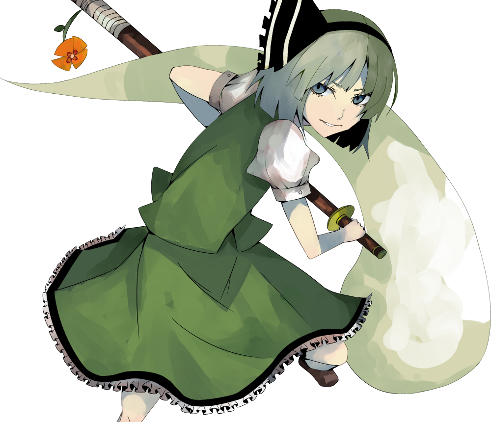 dress, flower, grey_eyes, hairband, hitodama, holding, konpaku_youmu, konpaku_youmu_(ghost)