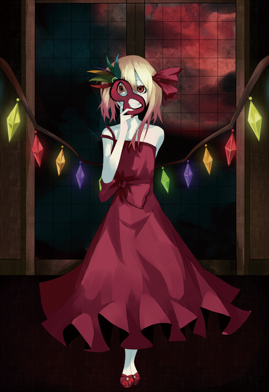 blonde_hair, domino_mask, dress, flandre_scarlet, grin, holding, mask, mask_removed, orgia, red_eyes, smile, solo, touhou, window, wings