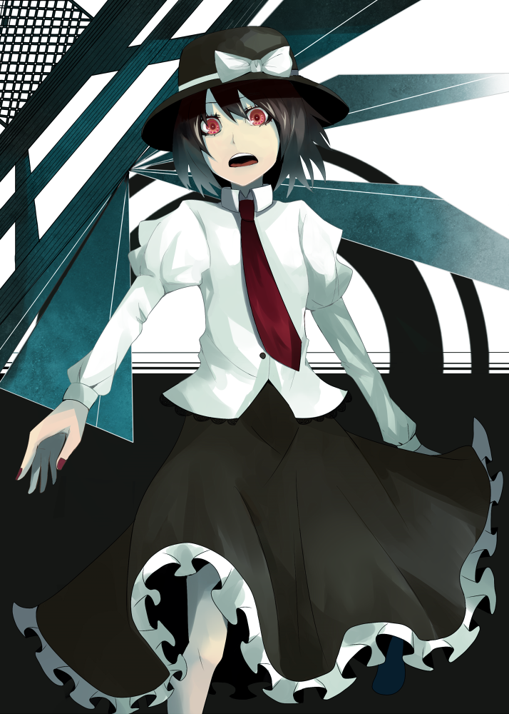 black_hair, bow, hat, hat_bow, nail_polish, necktie, open_mouth, orgia