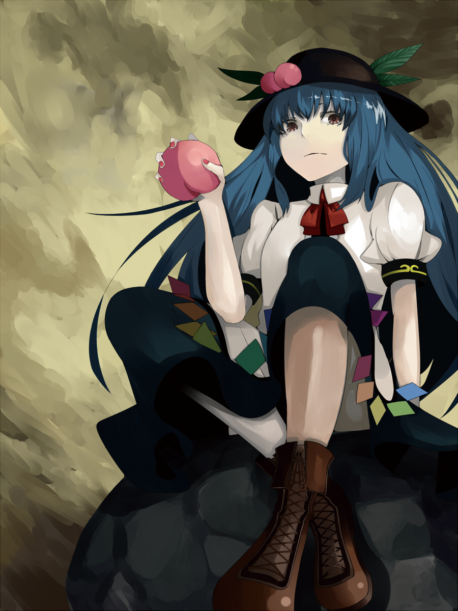 blue_hair, boots, brown_eyes, food, fruit, hat, highres, hinanawi_tenshi