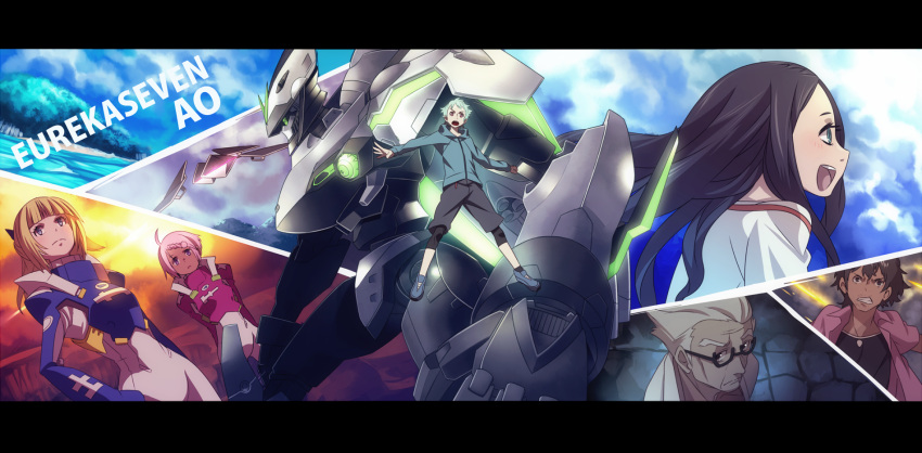 arata_naru, black_hair, blonde_hair, blue_eyes, dark_skin, elena_peoples, eureka_seven_(series), eureka_seven_ao, fleur_blanc, fukai_ao, fukai_toshio, gazelle_(eureka_seven_ao), glasses, glowing, grey_hair, hajime_(hajime-ill-1st), highres, leggings, letterboxed, mecha, naru_arata, nirvash_(eureka_seven_ao), pilot_suit, purple_eyes, purple_hair, sky, violet_eyes
