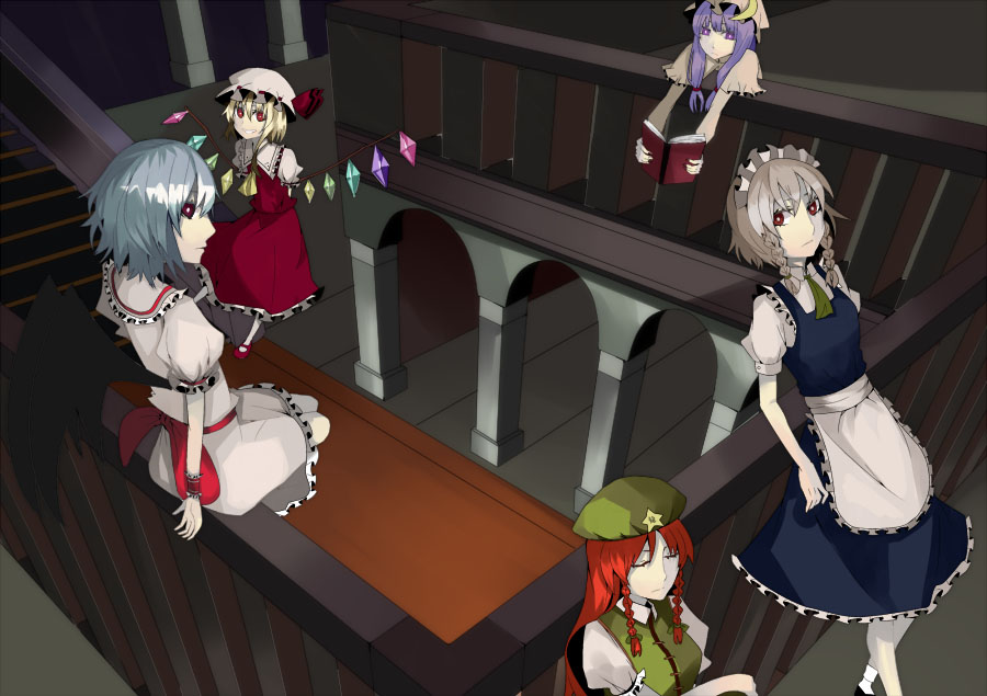 arms_behind_back, bat_wings, blonde_hair, blue_hair, book, braid, closed_eyes, crescent