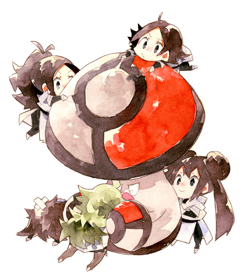 3boys, alternate_costume, amoonguss, animal, brown_hair, chibi, double_bun, female_protagonist_(pokemon_bw2)