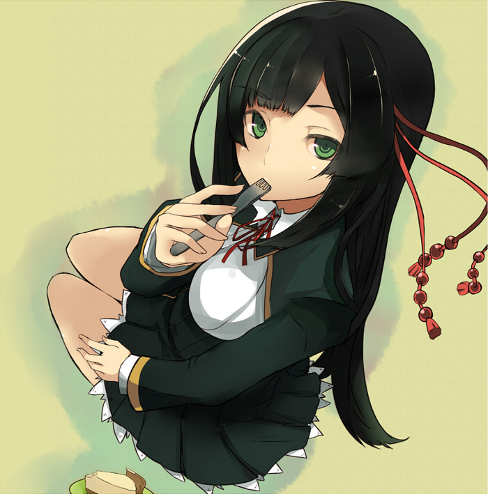 black_hair, eating, fork, from_above, green_eyes, hair_ribbon, holding, holding_fork