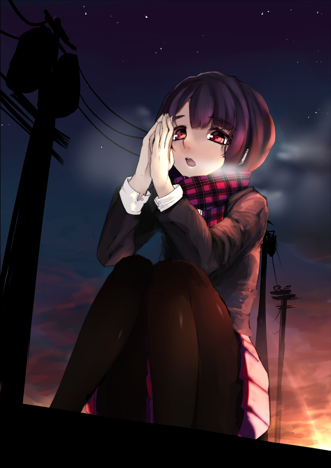black_hair, black_legwear, breath, highres, night, night_sky, open_mouth, original