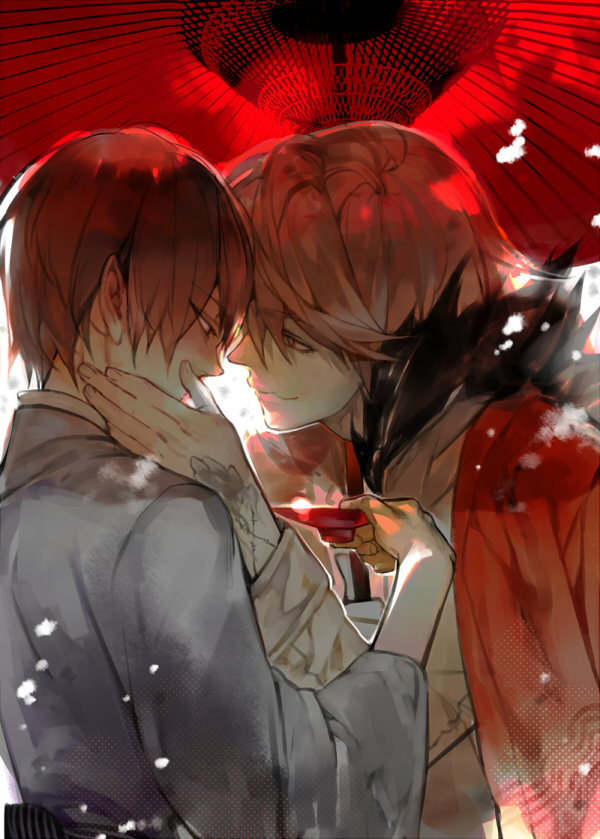blonde_hair, brown_hair, cheek, dino, dino_cavallone, face-to-face, fur_collar, hand_on_another's
