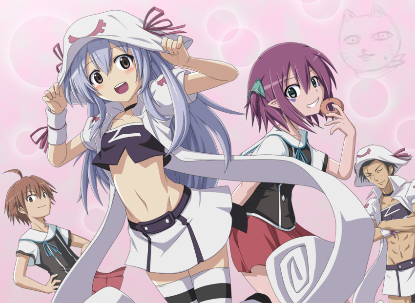 2girls, ahoge, blush, brown_eyes, brown_hair, closed_eyes, cosplay, costume_switch