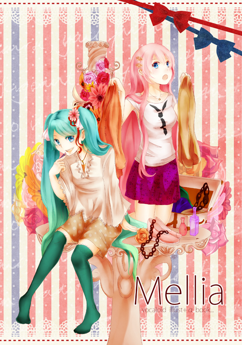aqua_eyes, aqua_hair, blue_eyes, finger_to_mouth, flower, green_legwear, hair_flower, hair_ornament