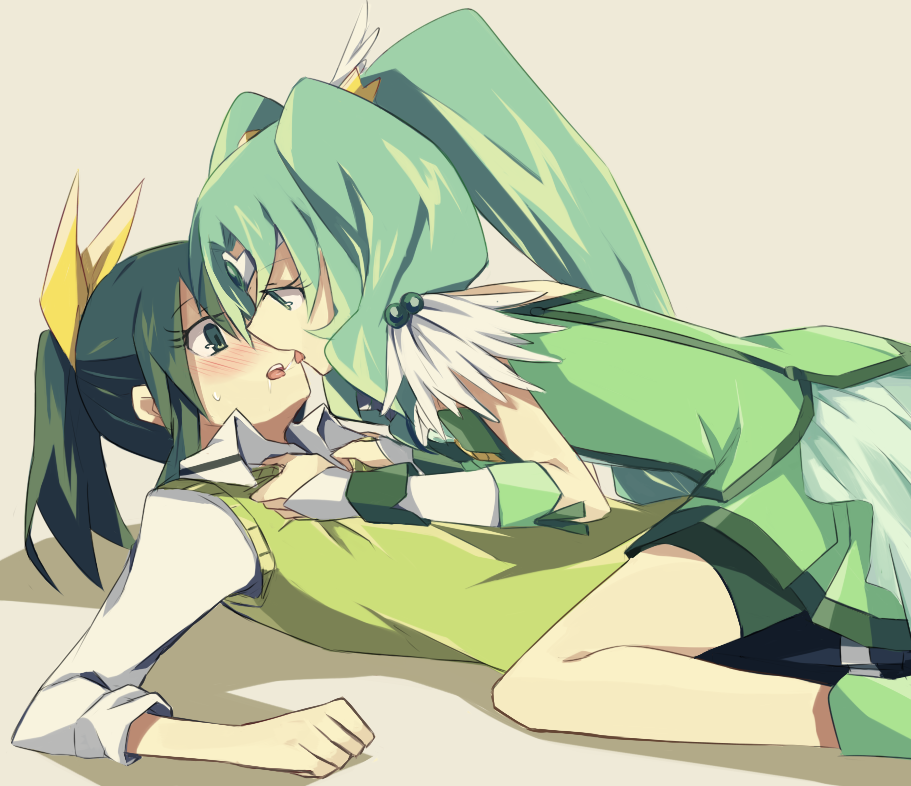 2girls, blush, bow, clenched_hand, cure_march, dual_persona, green_eyes, green_hair