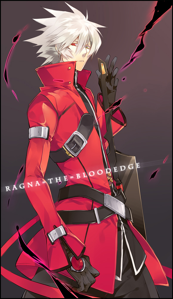belt, blazblue, character_name, coat, gloves, green_eyes, grey_background, heterochromia