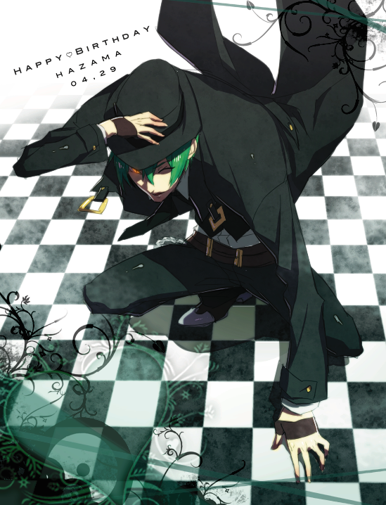 blazblue, character_name, checkered, checkered_floor, dated, formal, green_hair, happy_birthday
