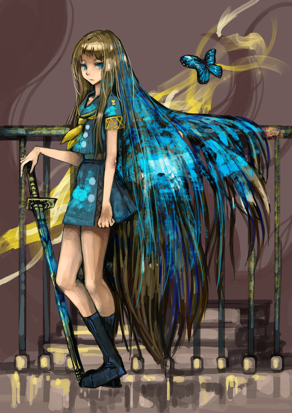 blonde_hair, butterfly, character_request, danann, hagihara_shiogi, highres, long_hair, sailor