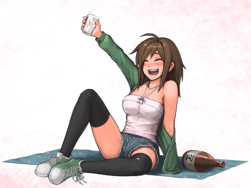 :3, :d, bare_shoulders, black_legwear, blush, bottle, brown_hair, cherry_blossoms