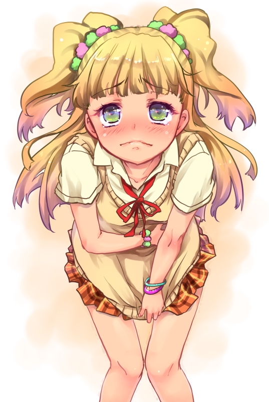 blonde_hair, blush, bracelet, efyuru, embarrassed, green_eyes, hair_ornament, idolmaster