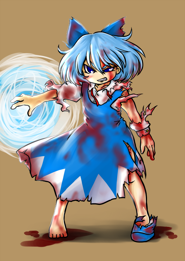bleeding, blood, blue_eyes, blue_hair, bow, cirno, hair_bow, naruto, nazotyu, parody, rasengan, short_hair, single_shoe, torn_clothes, touhou, wings, wound