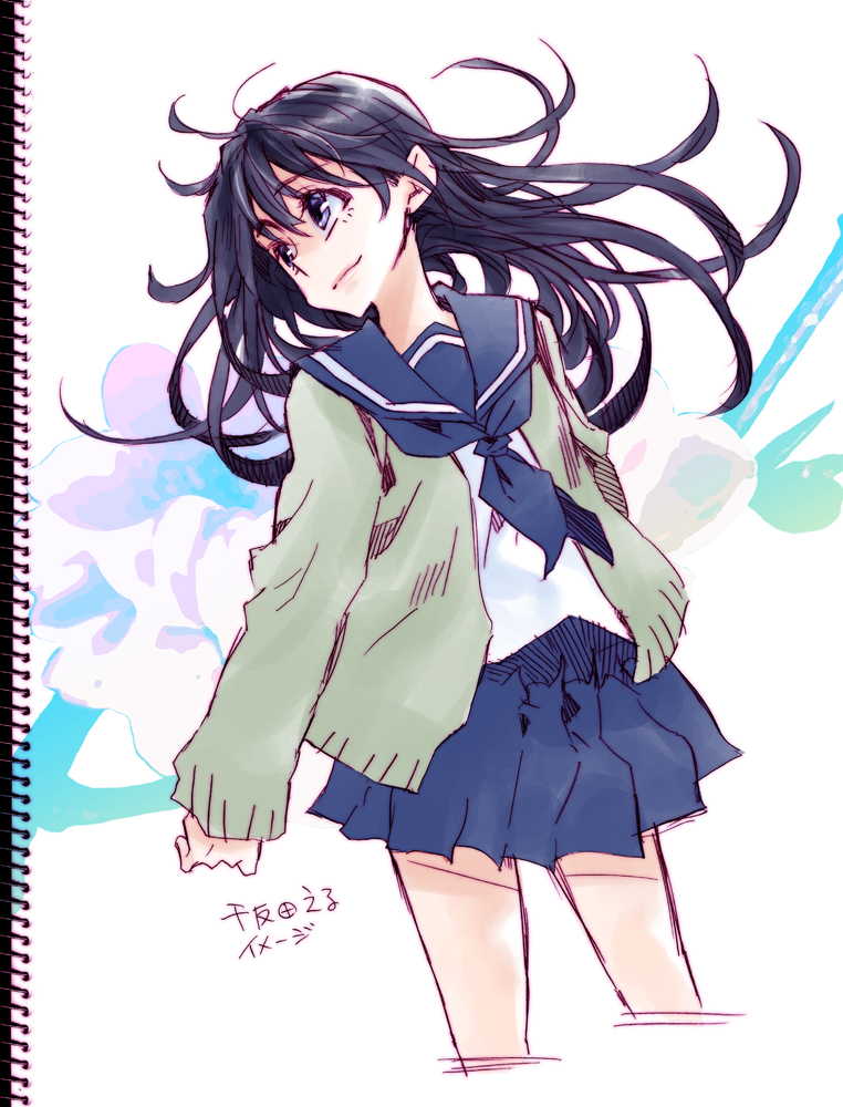 1girl, black_hair, blue_eyes, cardigan, chitanda_eru, hyouka, long_hair, school_uniform