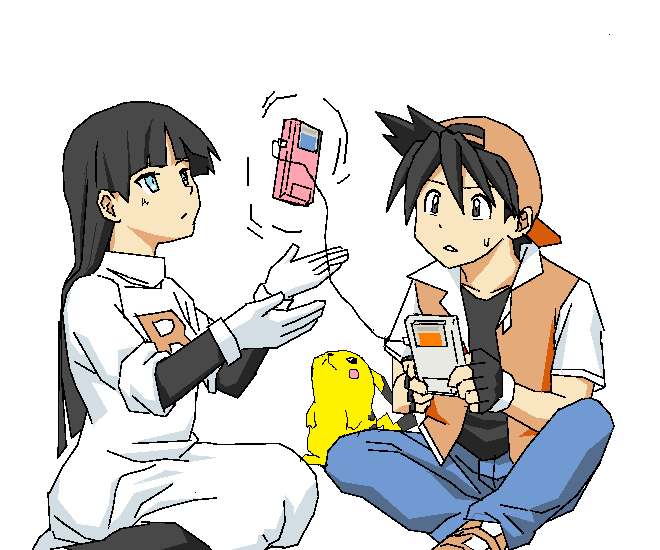 1girl, aqua_eyes, bangs, black_eyes, black_gloves, blue_eyes, blunt_bangs, blush_stickers, clothes_writing, collarbone, dress, fingerless_gloves, floating, game_boy, gloves, gym_leader, hair_between_eyes, jeans, link_cable, looking_up, masukishi, natsume_(pokemon), pantyhose, pika_(pokemon), pikachu, pokemon, pokemon_special, popped_collar, red_(pokemon), simple_background, sitting, sleeves_rolled_up, sweatdrop, team_rocket, telekinesis, white_background, white_dress, white_gloves, wing_collar