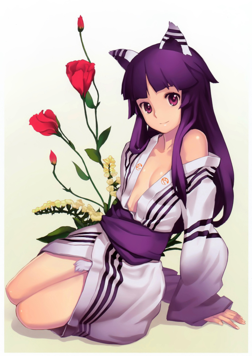 absurdres, animal_ears, arm_support, bangs, blunt_bangs, breasts, fingernails, flower
