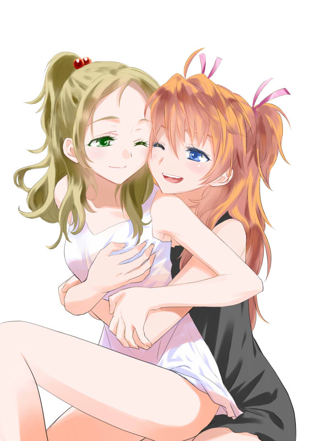 blonde_hair, blue_eyes, breast_grab, breasts, brown_hair, green_eyes, hair_bobbles, hair_ornament, half_updo, houjou_hibiki, hug, minamino_kanade, multiple_girls, nightgown, ooshima_tomo, open_mouth, oshima_tomo, precure, simple_background, sitting, sitting_on_person, smile, suite_precure, teeth, two_side_up, white_background, wink, yuri