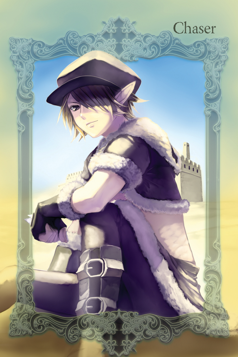 blonde_hair, cabbie_hat, fingerless_gloves, fur_trim, gloves, hair_over_one_eye, hat, highres
