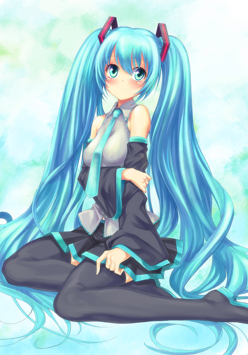aqua_eyes, aqua_hair, bare_shoulders, blush, boots, detached_sleeves, hatsune_miku, konowa