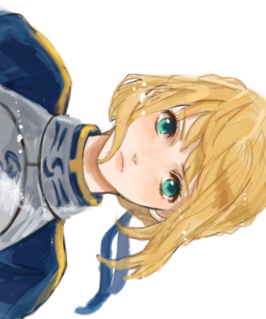 ahoge, aqua_eyes, armor, blonde_hair, bust, fate/stay_night, fate_(series), juliet_sleeves, long_sleeves, portrait, puffy_shoulders_long_sleeves, puffy_sleeves, ruondea, saber, sideways, solo