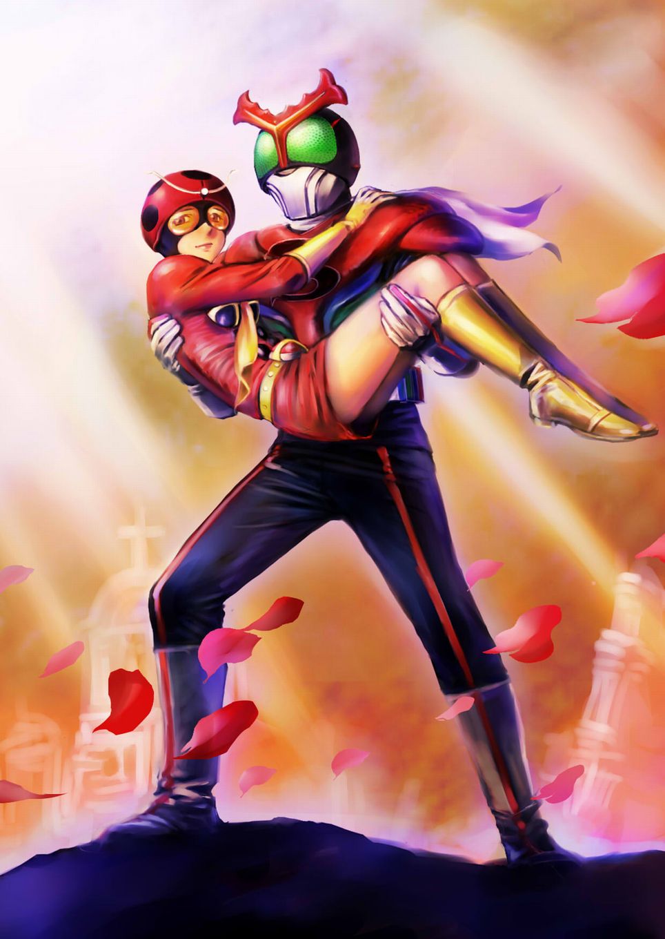 1boy, 1girl, belt, carrying, compound_eyes, electro_wave_human_tackle, female, gloves