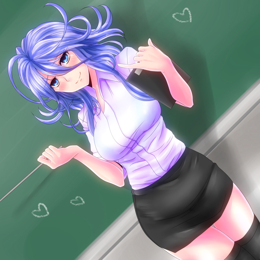 1girl, alternate_costume, black_legwear, blue_eyes, blue_hair, blush, chalkboard, clipboard, dutch_angle, female, heart, highres, long_hair, miniskirt, pinky_out, pointer, shiony_regis, skirt, smile, solo, super_robot_wars, super_robot_wars_z2, taut_shirt, teacher, thigh-highs, thigh_gap, thighhighs, thighs, watarui, zettai_ryouiki