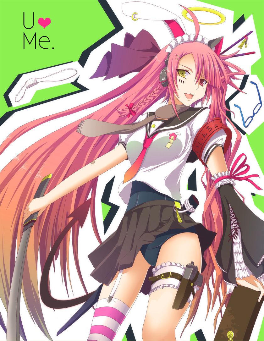 :d, animal_ears, bandaid, braid, bunny_ears, cat_ears, detached_sleeves, glasses