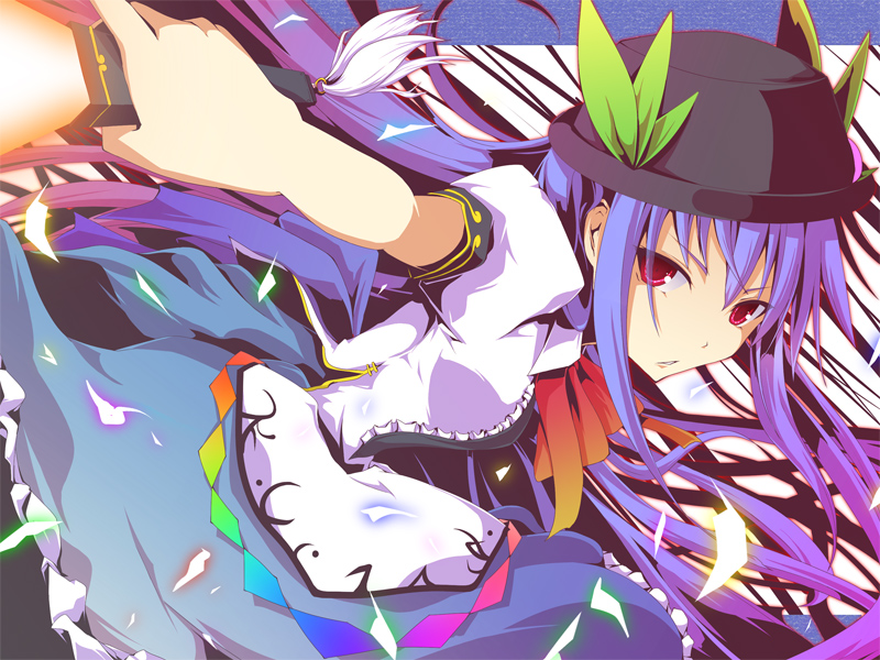 blue_hair, dress, hat, hinanawi_tenshi, holding, koumei_(artist), long_hair, red_eyes