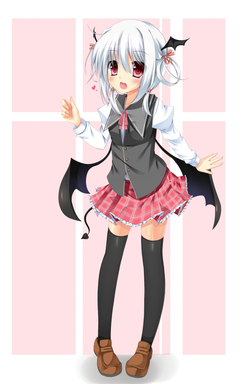 :d, albino, bat_wings, black_legwear, blush, demon_girl, demon_tail, fujieda_uzuki