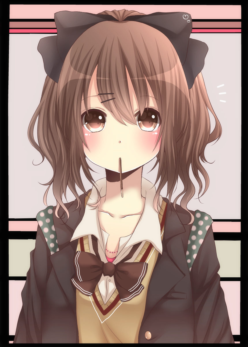 border, bow, brown_eyes, brown_hair, bust, chocolate, face, food