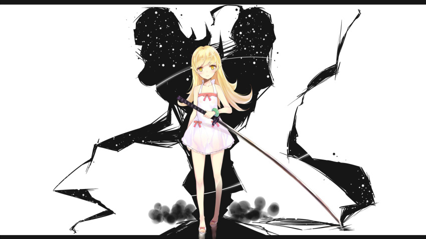ahoge, araragi_koyomi, bakemonogatari, bare_shoulders, barefoot, blonde_hair, blush, breasts