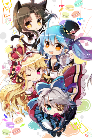 ahoge, animal_ears, apron, aqua_eyes, black_hair, blonde_hair, blue_hair, bow, breasts, brown_hair, cat_ears, cat_tail, catgirl, chibi, cinia_pacifica, cleavage, crown, curly_hair, dress, eyepatch, flower, food, frills, gloves, grey_hair, hair_ornament, hairclip, hat, iri_flina, long_hair, lowres, luthica_preventer, mad_hatter_(cosplay), multiple_girls, open_mouth, red_queen_(cosplay), rednian, rose, short_hair, silver_hair, sita_vilosa, sword_girls, tail, teacup, teapot, thighhighs, twintails, wink, yellow_eyes