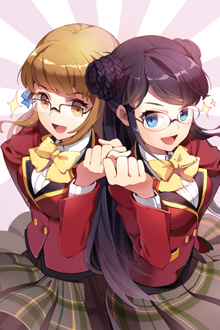 amy_(sword_girls), blue_eyes, gilse, glasses, lowres, multiple_girls, ribbon, school_uniform