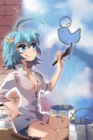 ahoge, aqua_eyes, aqua_hair, bird, blush, breasts, btoor, bucket, cloud, clouds, dress_shirt, gart, hand_on_hip, hips, holding, lowres, paint, paintbrush, painting, shirt, short_hair, shorts, sitting, sleeves_rolled_up, solo, star, sword_girls, tongue, tongue_out