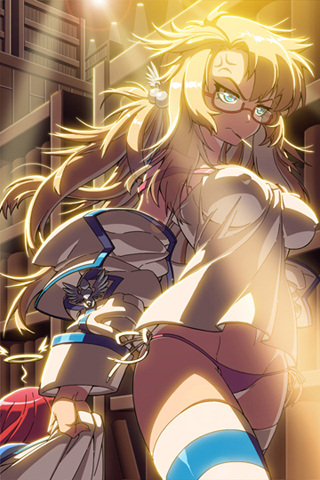 anger_vein, bangs, blonde_hair, blue_eyes, blue_legwear, frown, glasses, glowing