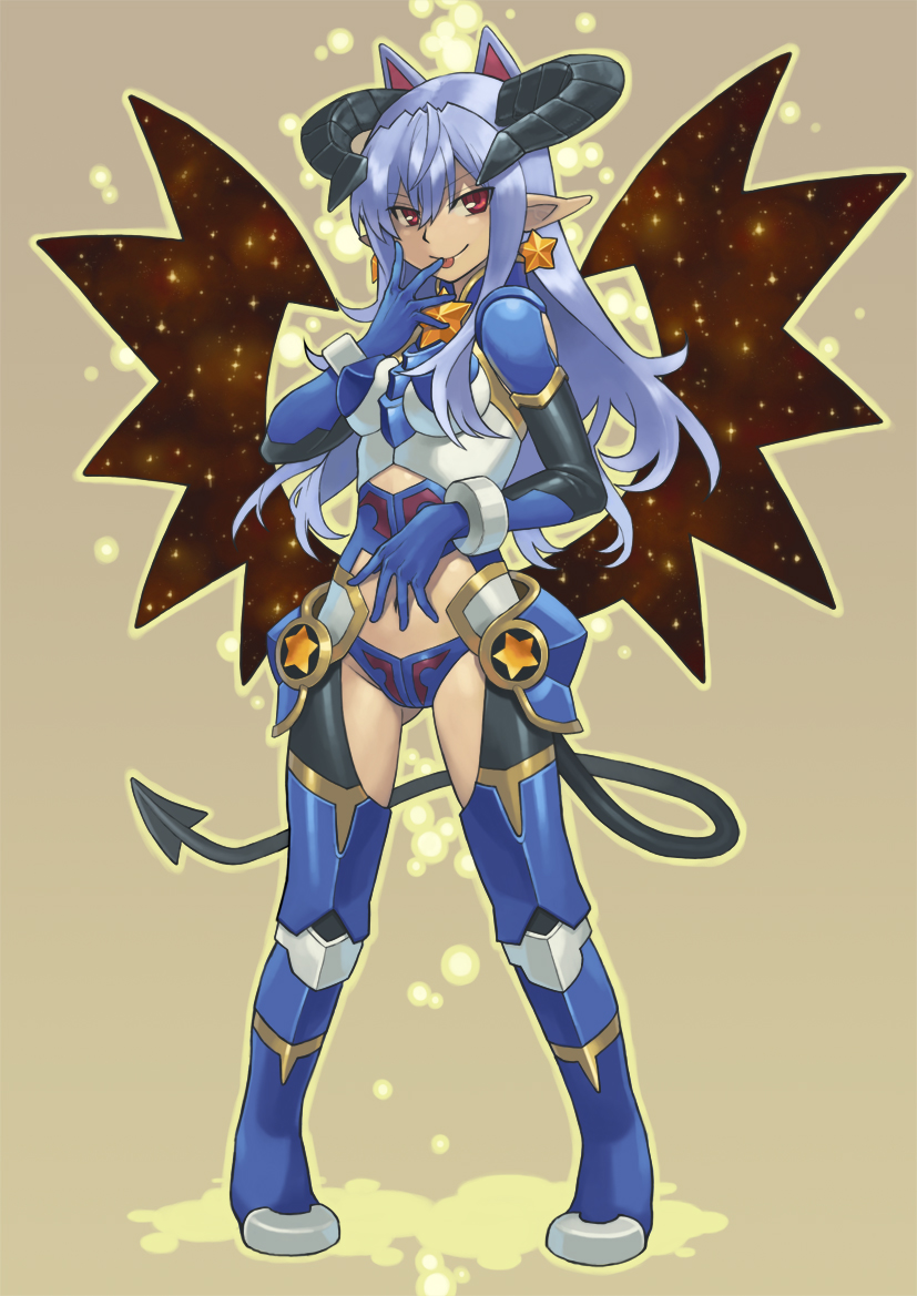 animal_ears, blue_gloves, blue_hair, demon_tail, earrings, extra_ears, ezusuke, gloves, horns, jewelry, licking, long_hair, low_wings, midriff, navel, pigeon-toed, pointy_ears, red_eyes, shinrabanshou, solo, succubus, tail, tongue, tongue_out, wings, yoru_maou_belpheria